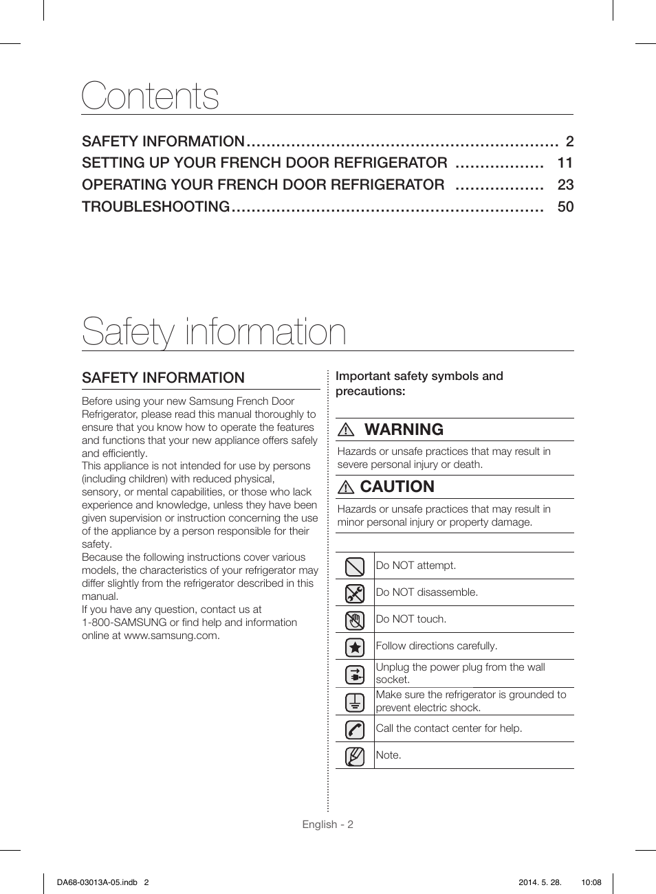 Safety information contents, Warning, Caution | Samsung RF34H9960S4-AA User Manual | Page 2 / 180