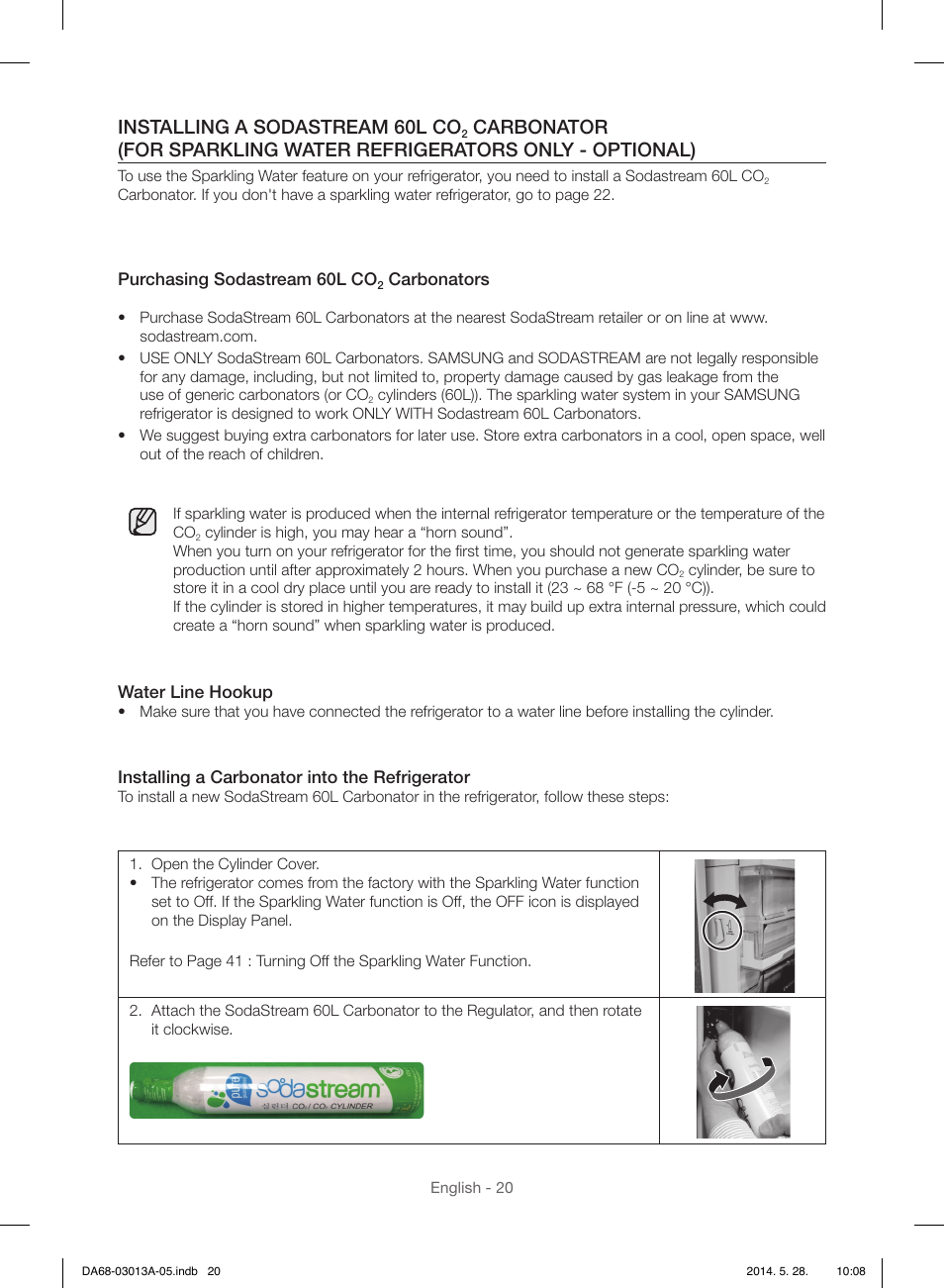 Installing a sodastream 60l co | Samsung RF34H9960S4-AA User Manual | Page 20 / 180