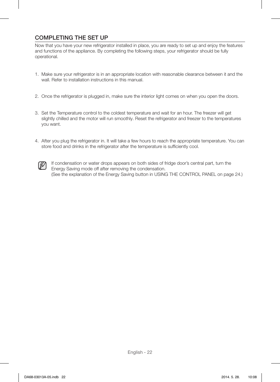 Completing the set up | Samsung RF34H9960S4-AA User Manual | Page 22 / 180