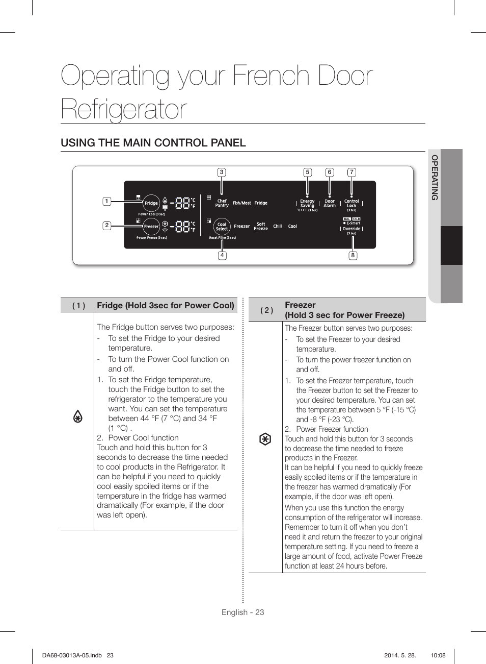 Operating your french door refrigerator, Using the main control panel | Samsung RF34H9960S4-AA User Manual | Page 23 / 180