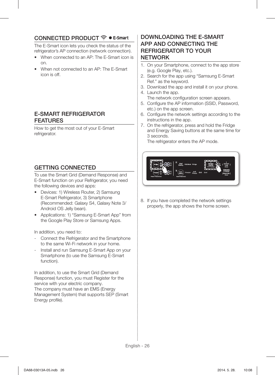 Connected product, E-smart refrigerator features, Getting connected | Samsung RF34H9960S4-AA User Manual | Page 26 / 180