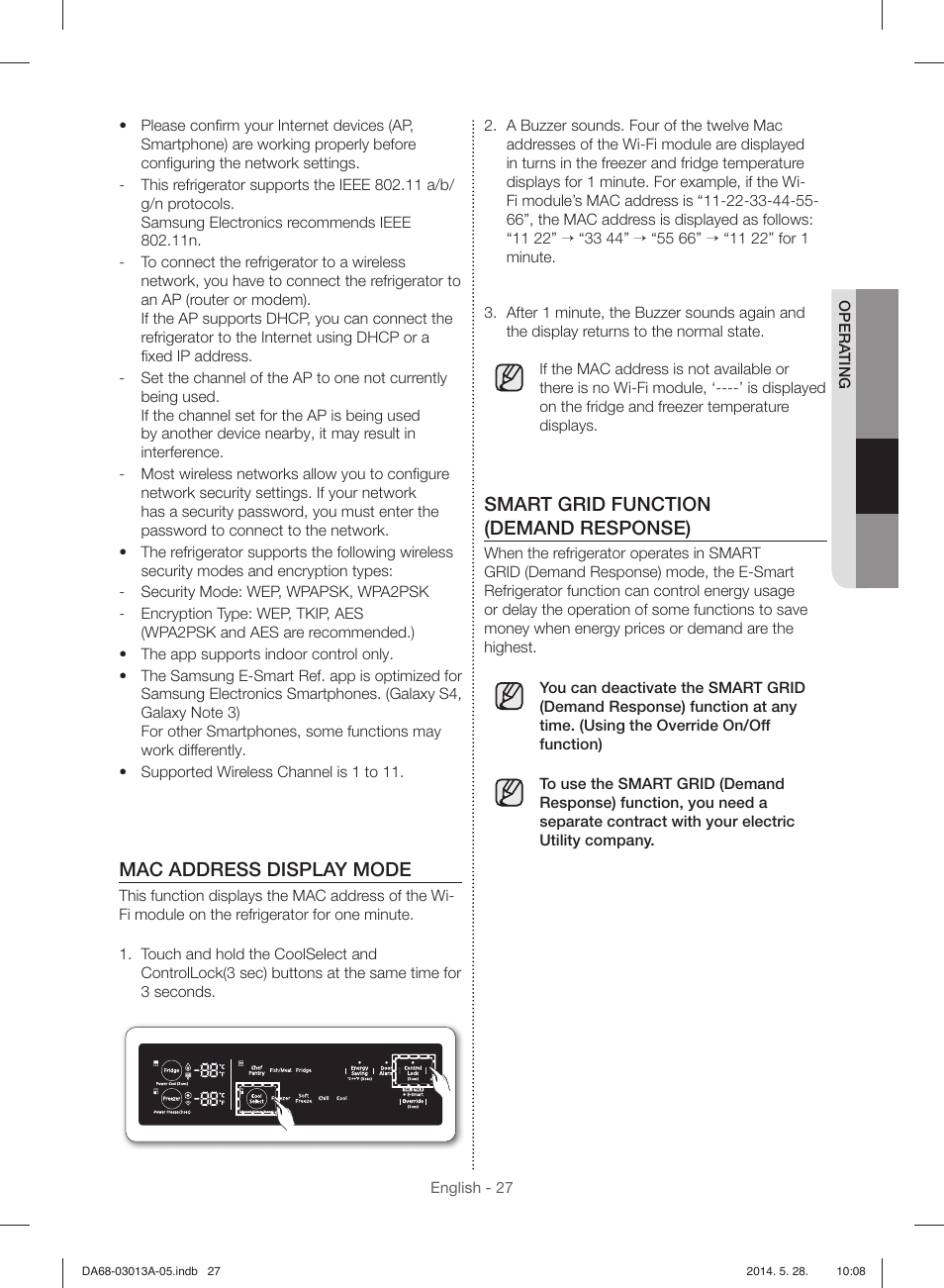 Mac address display mode, Smart grid function (demand response) | Samsung RF34H9960S4-AA User Manual | Page 27 / 180