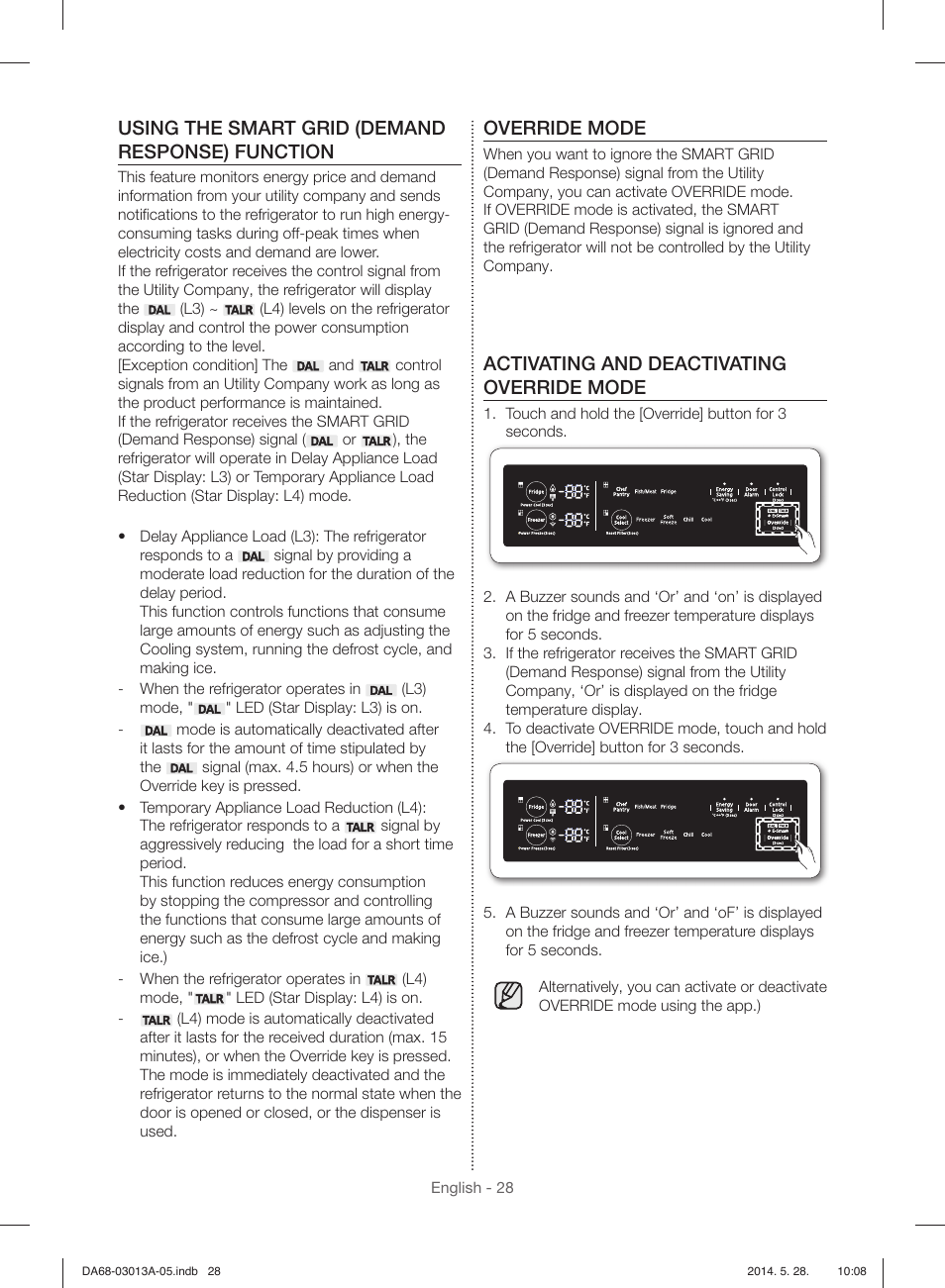 Using the smart grid (demand response) function, Override mode, Activating and deactivating override mode | Samsung RF34H9960S4-AA User Manual | Page 28 / 180