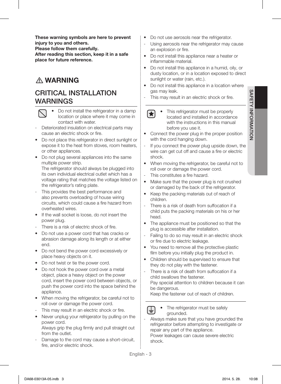 Warning critical installation warnings | Samsung RF34H9960S4-AA User Manual | Page 3 / 180