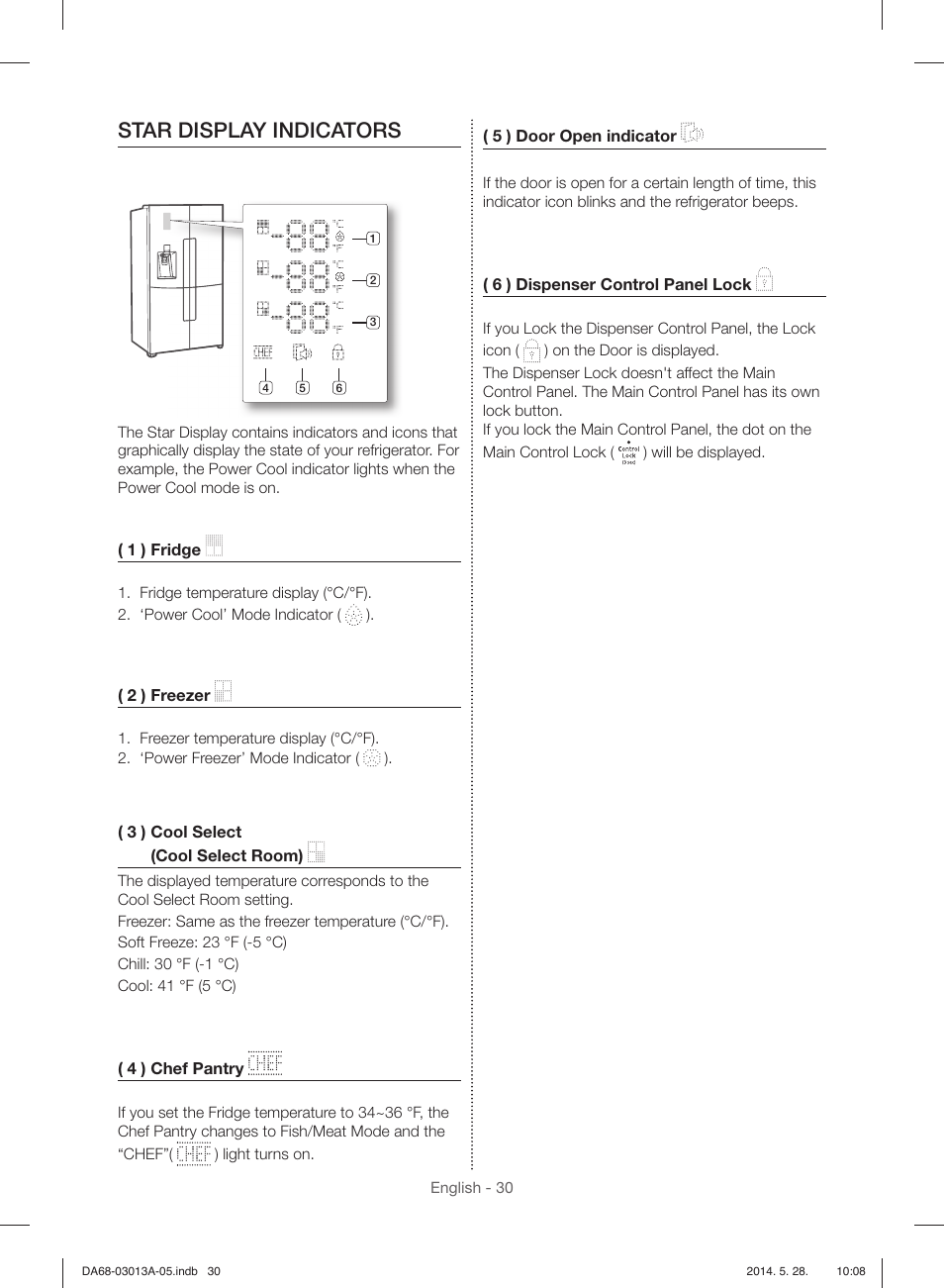 Star display indicators | Samsung RF34H9960S4-AA User Manual | Page 30 / 180