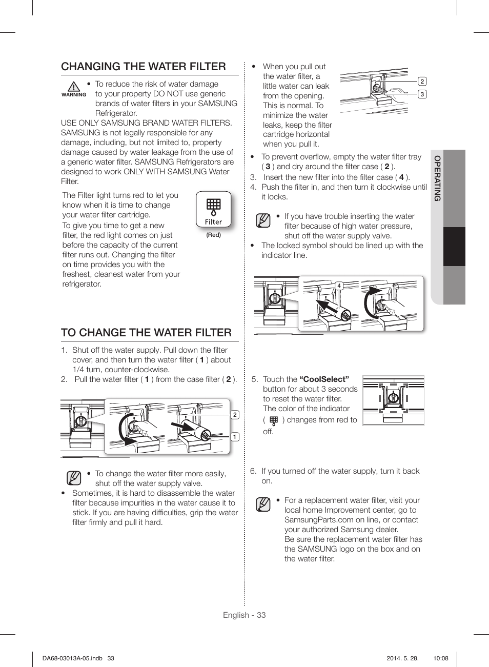 Changing the water filter | Samsung RF34H9960S4-AA User Manual | Page 33 / 180