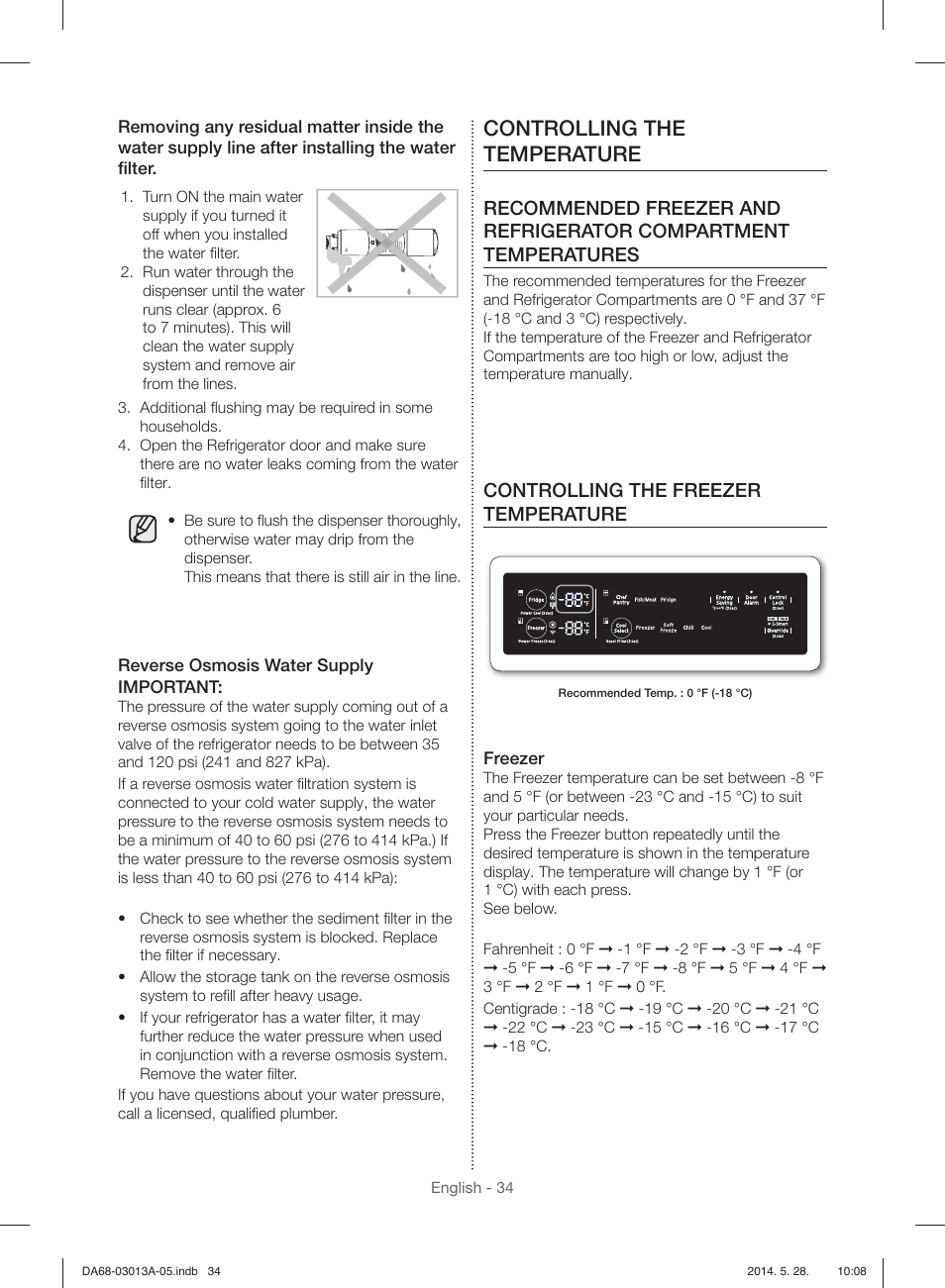 Controlling the temperature, Controlling the freezer temperature | Samsung RF34H9960S4-AA User Manual | Page 34 / 180