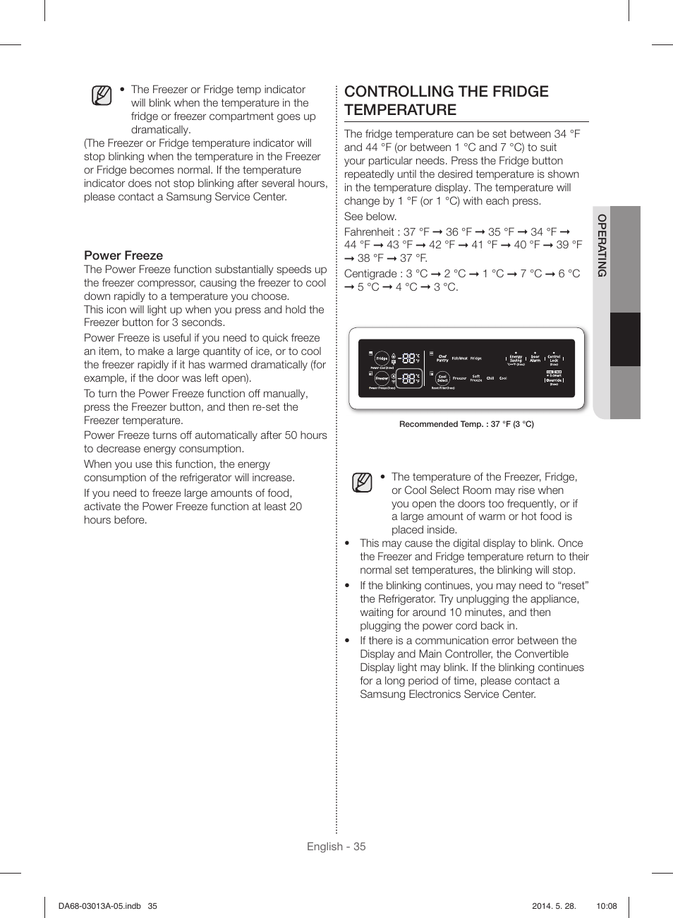 Controlling the fridge temperature | Samsung RF34H9960S4-AA User Manual | Page 35 / 180