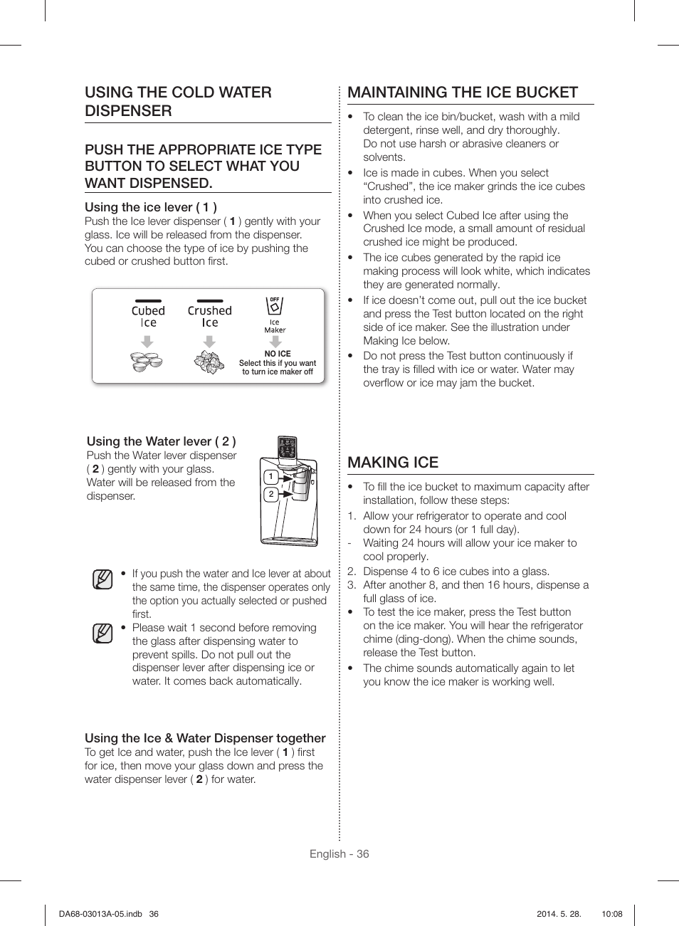 Using the cold water dispenser, Maintaining the ice bucket, Making ice | Samsung RF34H9960S4-AA User Manual | Page 36 / 180