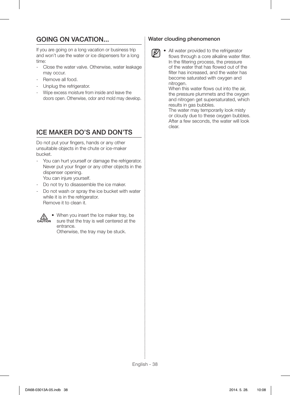 Going on vacation, Ice maker do’s and don’ts | Samsung RF34H9960S4-AA User Manual | Page 38 / 180