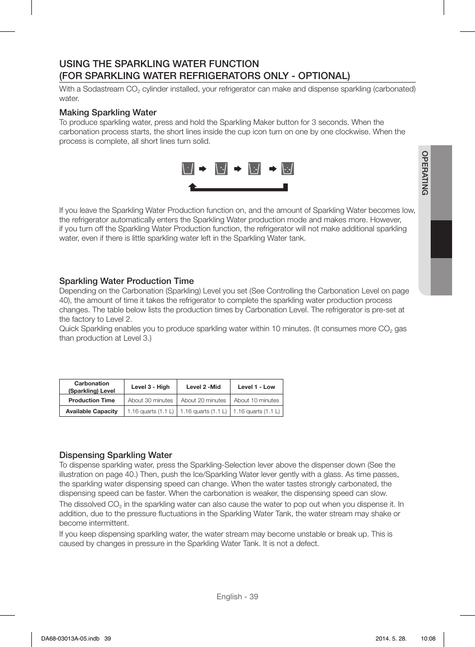 Making sparkling water, Sparkling water production time, Dispensing sparkling water | Samsung RF34H9960S4-AA User Manual | Page 39 / 180