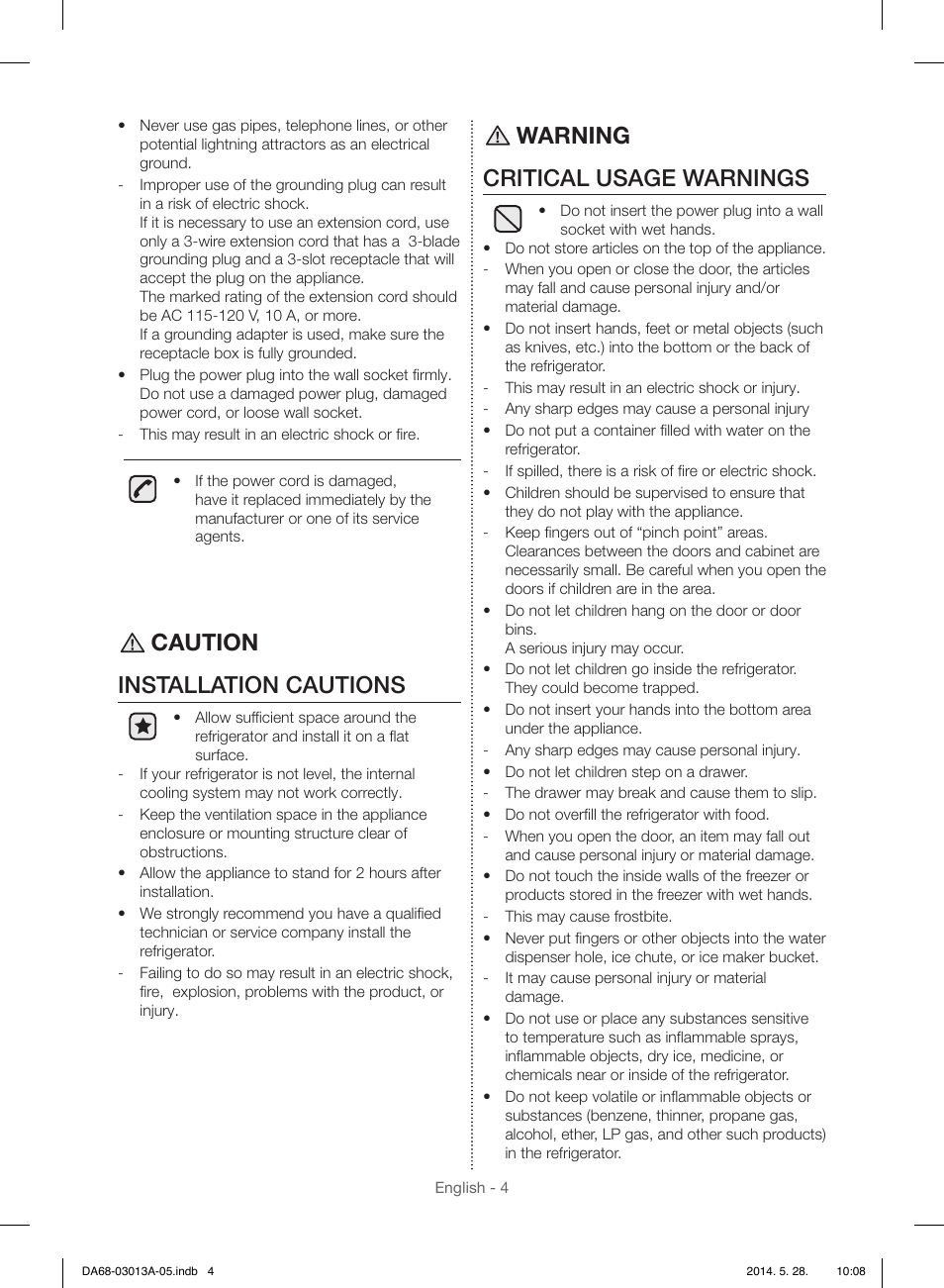 Caution installation cautions, Warning critical usage warnings | Samsung RF34H9960S4-AA User Manual | Page 4 / 180