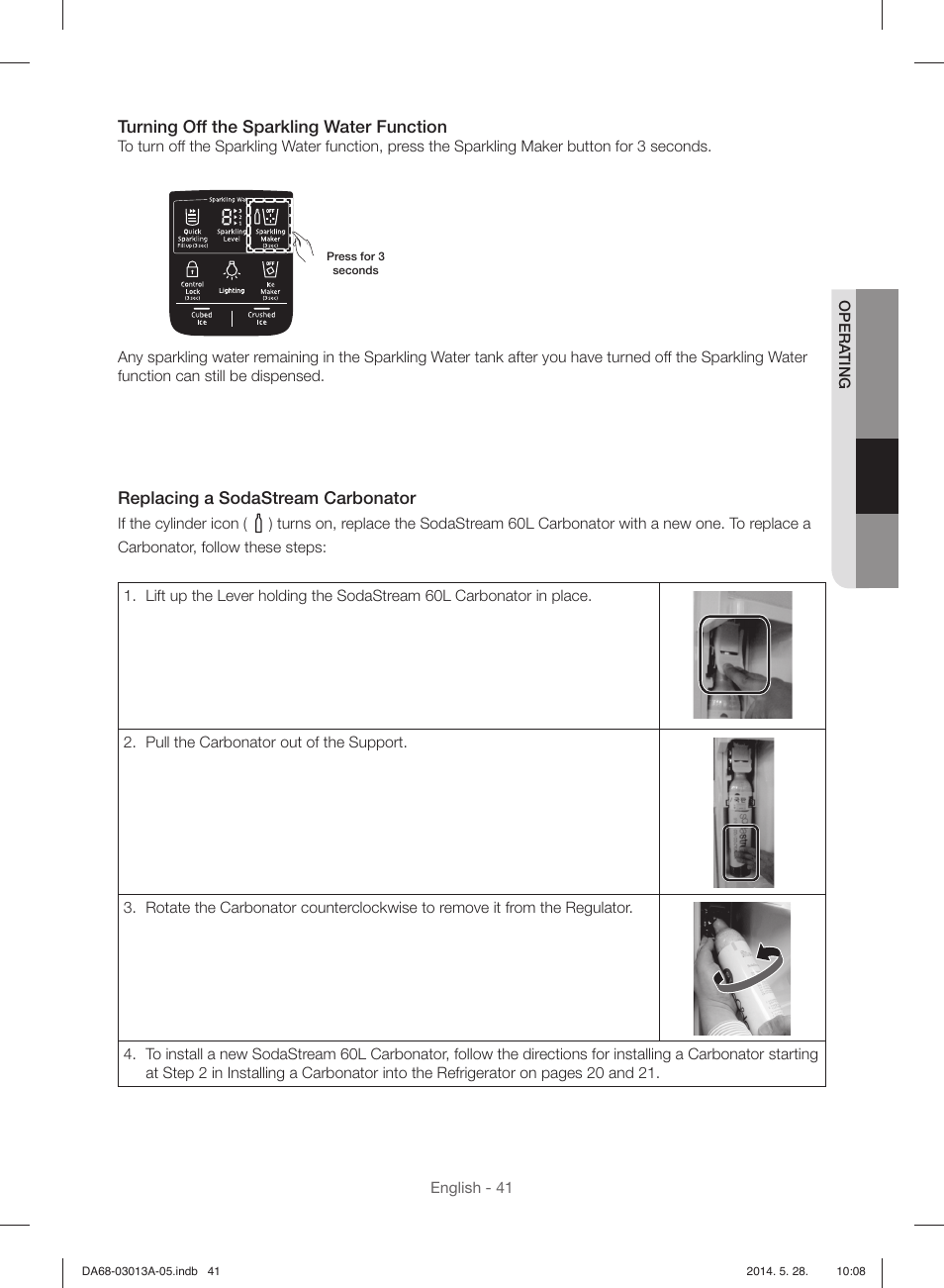 Turning off the sparkling water function, Replacing a sodastream carbonator | Samsung RF34H9960S4-AA User Manual | Page 41 / 180