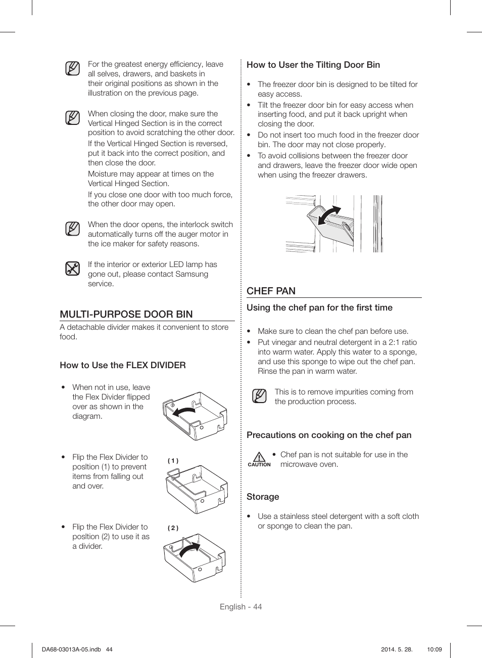 Multi-purpose door bin, Chef pan | Samsung RF34H9960S4-AA User Manual | Page 44 / 180