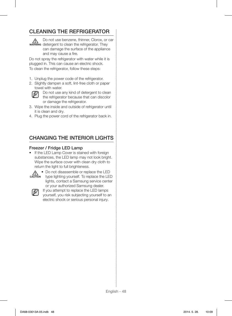 Cleaning the refrigerator, Changing the interior lights | Samsung RF34H9960S4-AA User Manual | Page 48 / 180