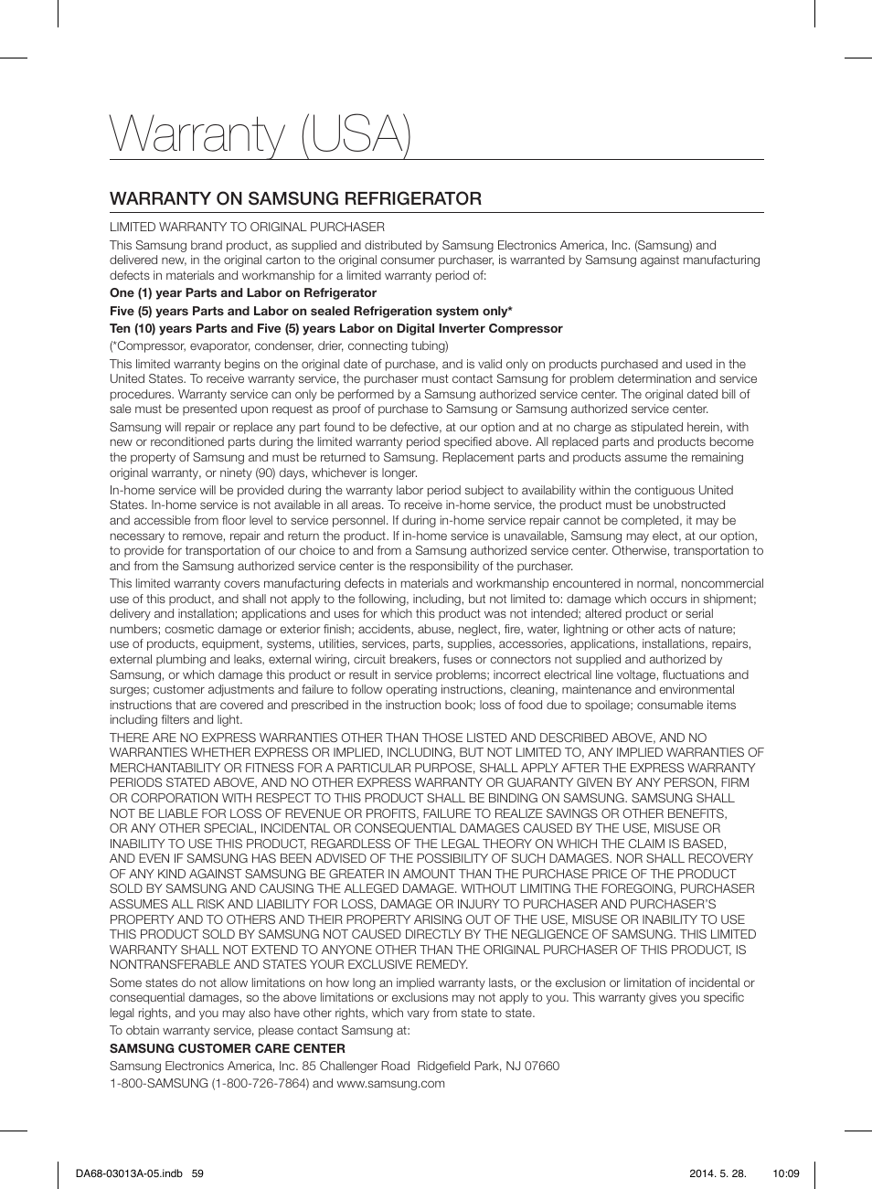 Warranty (usa), Warranty on samsung refrigerator | Samsung RF34H9960S4-AA User Manual | Page 59 / 180