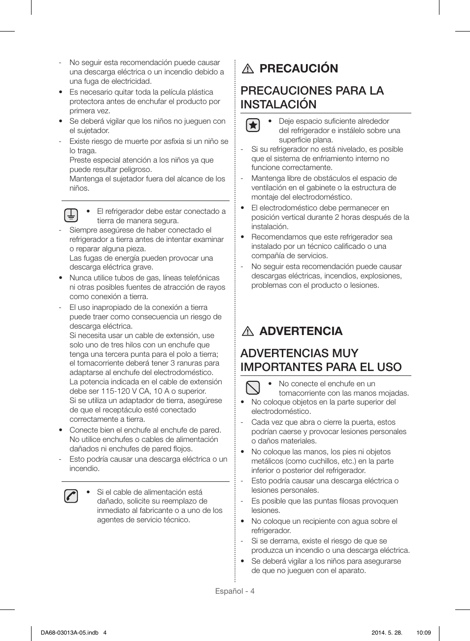 Precaución precauciones para la instalación | Samsung RF34H9960S4-AA User Manual | Page 68 / 180