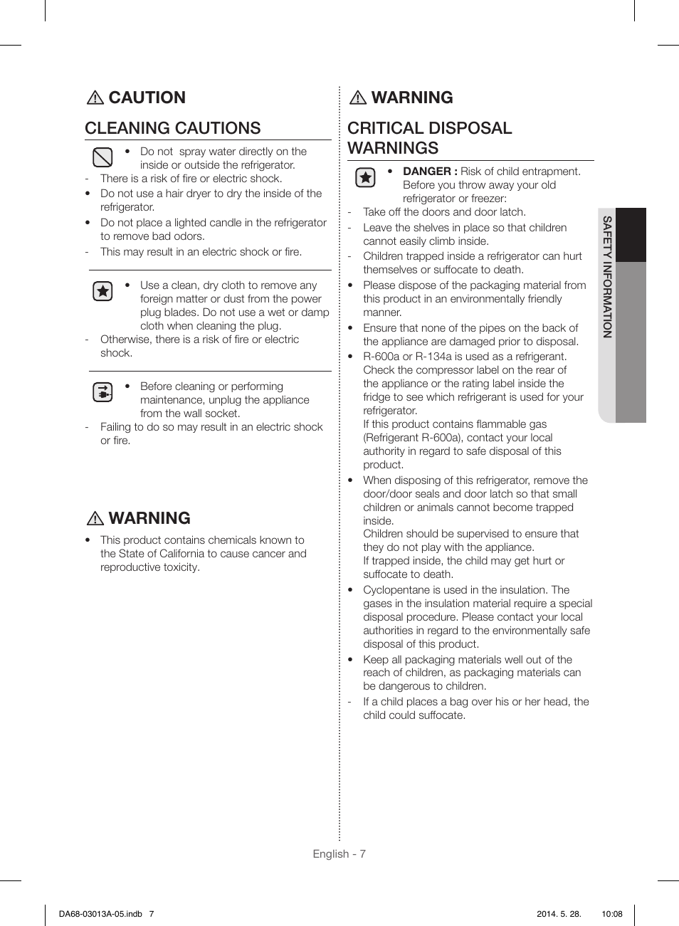 Caution cleaning cautions, Warning, Warning critical disposal warnings | Samsung RF34H9960S4-AA User Manual | Page 7 / 180