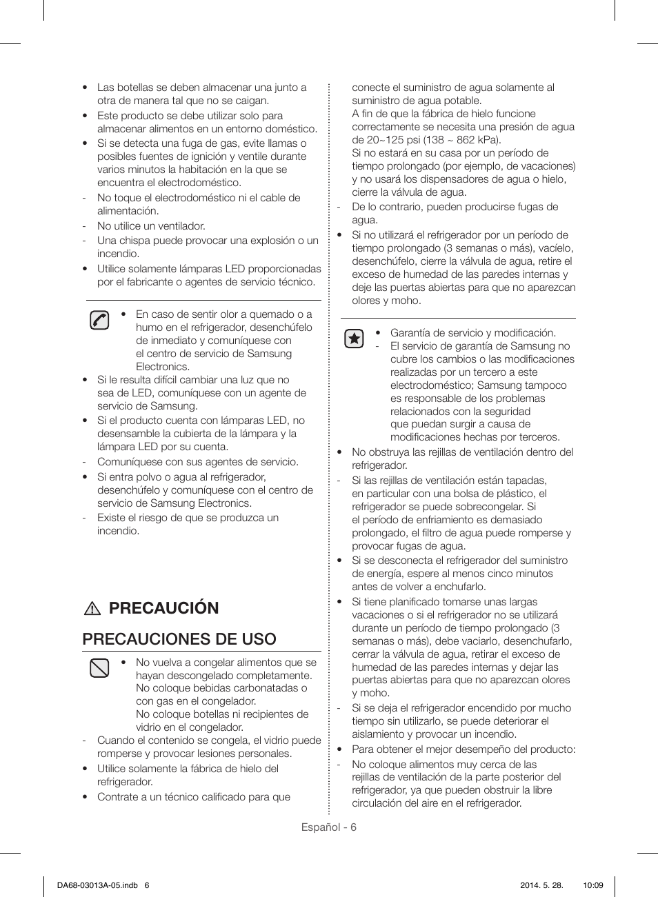 Precaución precauciones de uso | Samsung RF34H9960S4-AA User Manual | Page 70 / 180