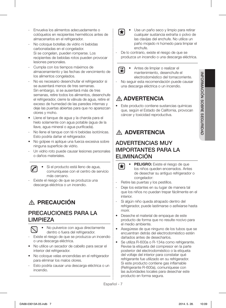 Precaución precauciones para la limpieza, Advertencia | Samsung RF34H9960S4-AA User Manual | Page 71 / 180