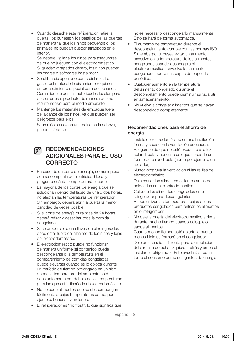 Recomendaciones adicionales para el uso correcto | Samsung RF34H9960S4-AA User Manual | Page 72 / 180