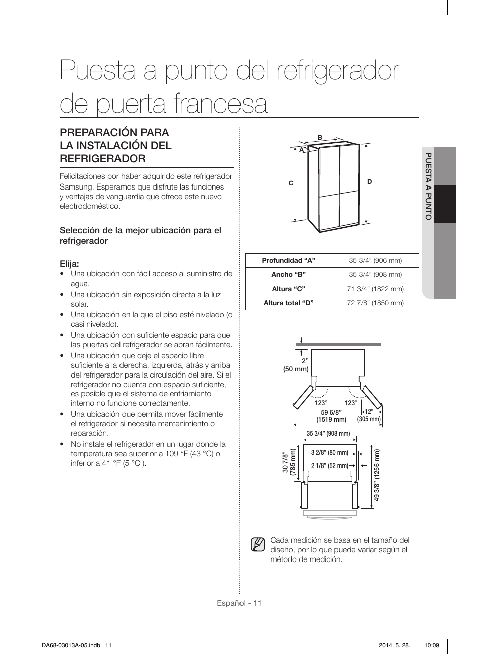 Puesta a punto del refrigerador de puerta francesa, Preparación para la instalación del refrigerador | Samsung RF34H9960S4-AA User Manual | Page 75 / 180