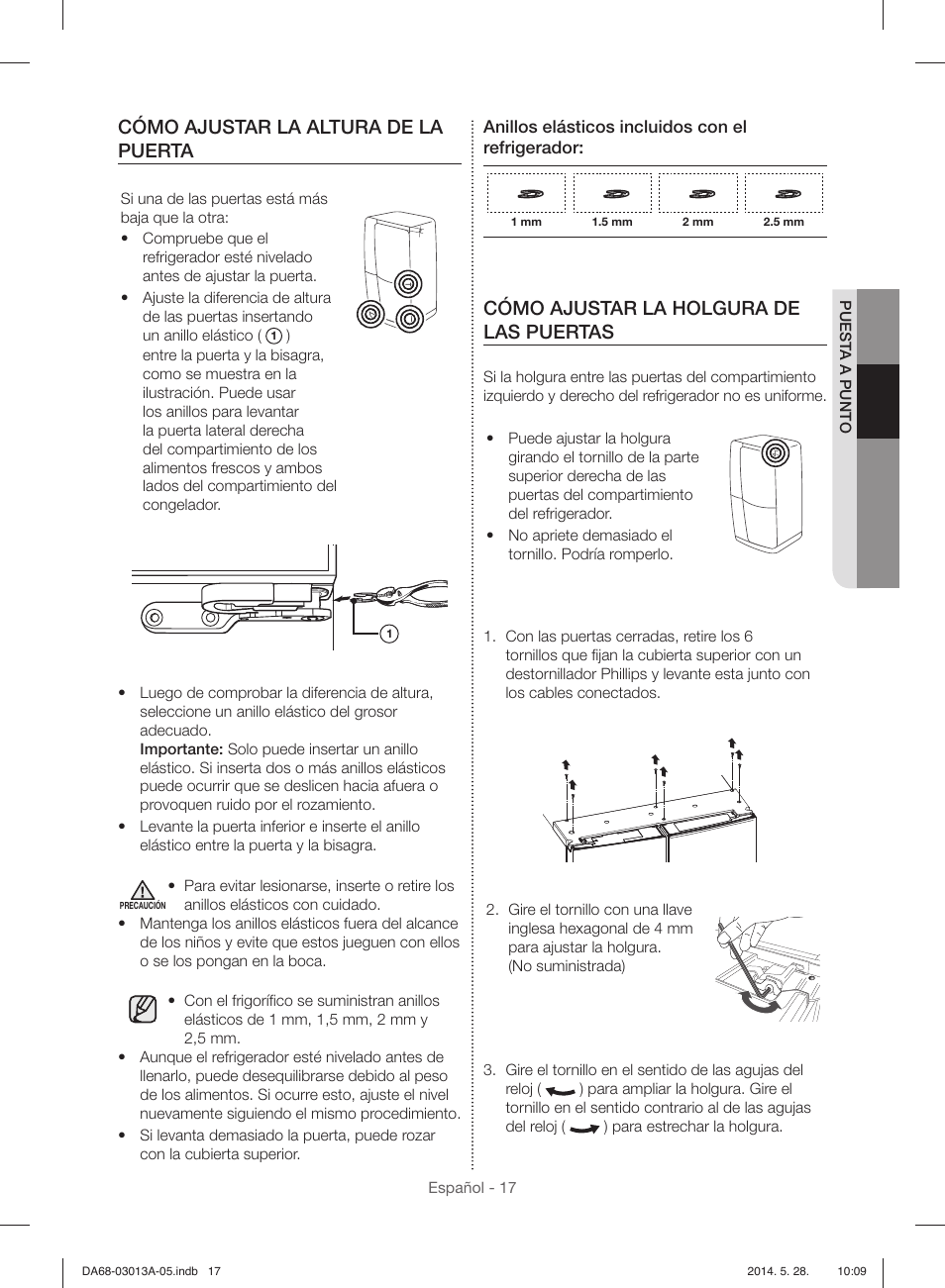 Cómo ajustar la altura de la puerta, Cómo ajustar la holgura de las puertas | Samsung RF34H9960S4-AA User Manual | Page 81 / 180