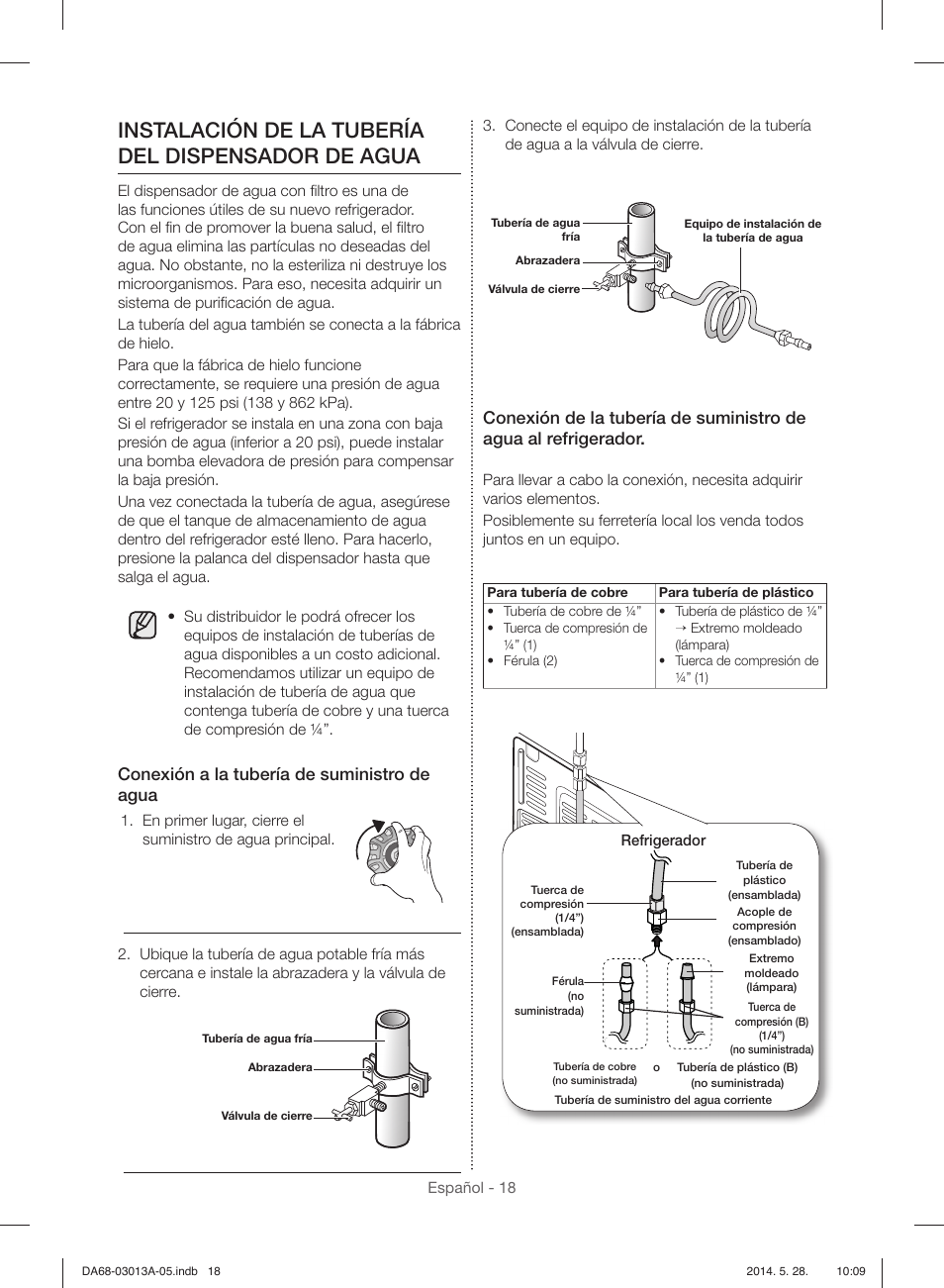 Instalación de la tubería del dispensador de agua, Conexión a la tubería de suministro de agua | Samsung RF34H9960S4-AA User Manual | Page 82 / 180