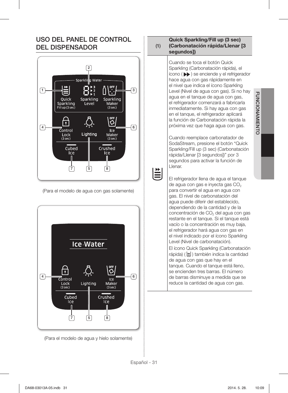 Uso del panel de control del dispensador | Samsung RF34H9960S4-AA User Manual | Page 95 / 180