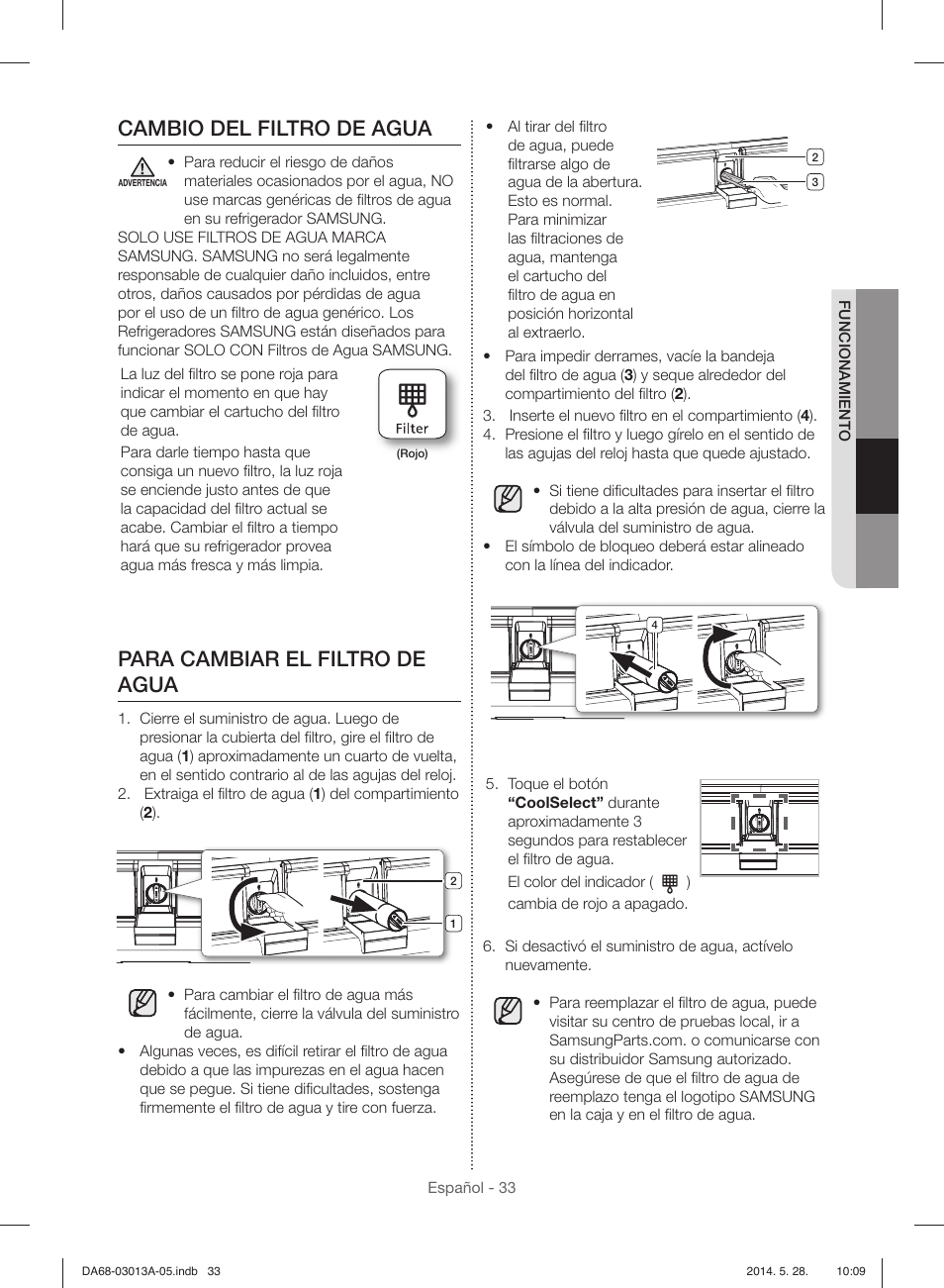 Cambio del filtro de agua, Para cambiar el filtro de agua | Samsung RF34H9960S4-AA User Manual | Page 97 / 180