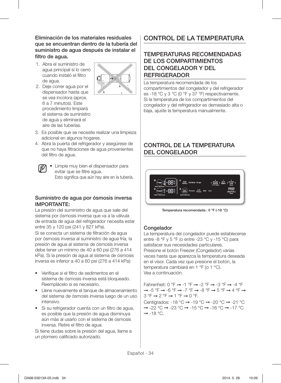 Control de la temperatura, Control de la temperatura del congelador | Samsung RF34H9960S4-AA User Manual | Page 98 / 180