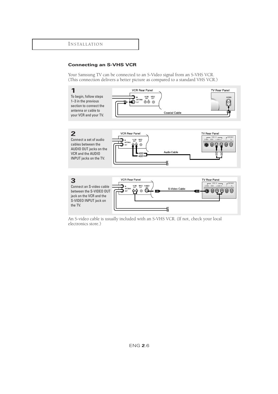 Eng 2 .6, N s ta l l at i o n, Connecting an s-vhs vcr | Samsung LTM1525X-XAA User Manual | Page 17 / 65