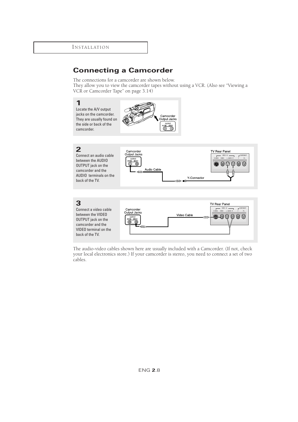 Connecting a camcorder, Eng 2 .8, N s ta l l at i o n | Samsung LTM1525X-XAA User Manual | Page 19 / 65