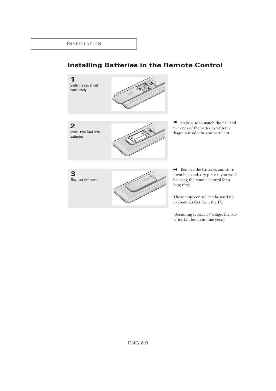 Installing batteries in the remote control | Samsung LTM1525X-XAA User Manual | Page 20 / 65