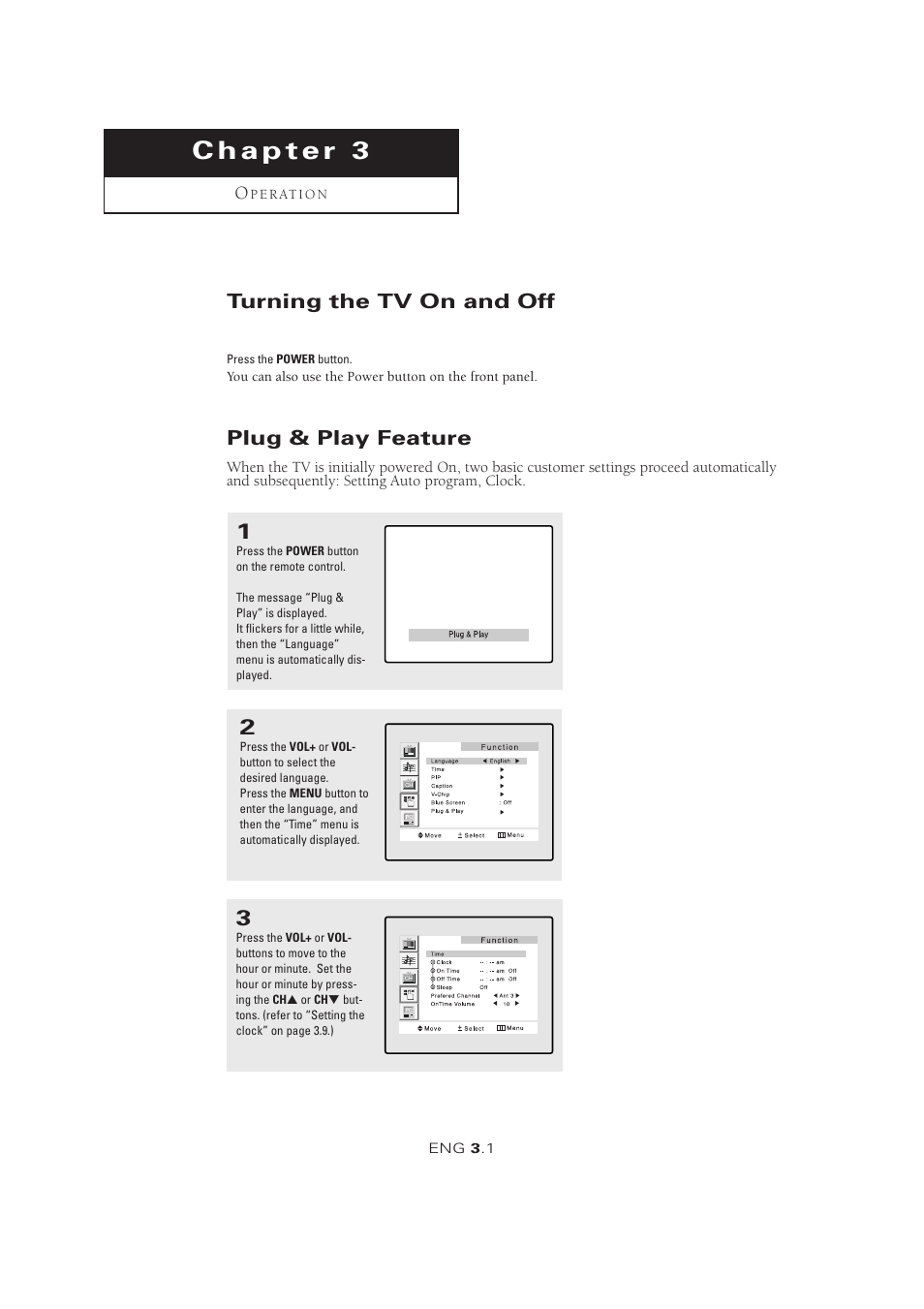 Turning the tv on and off, Plug & play feature | Samsung LTM1525X-XAA User Manual | Page 21 / 65