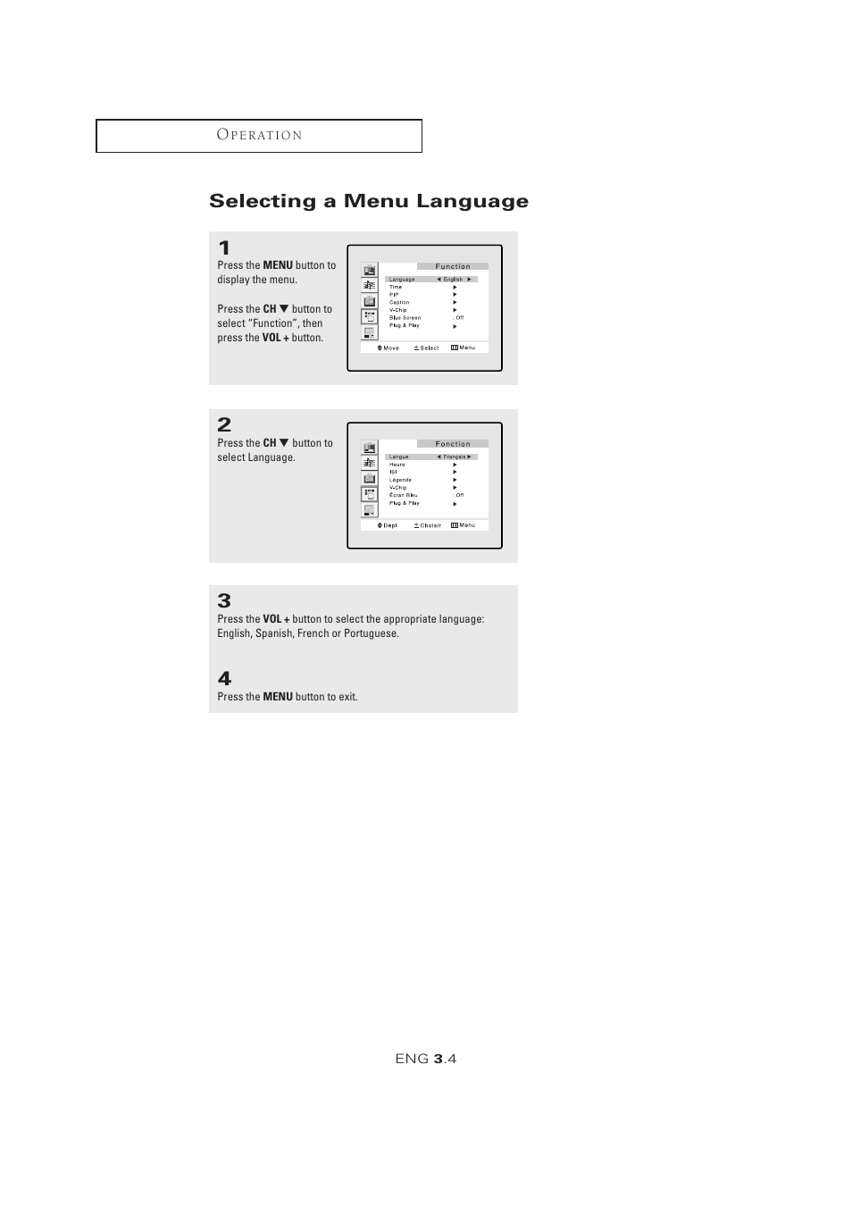 Selecting a menu language | Samsung LTM1525X-XAA User Manual | Page 24 / 65