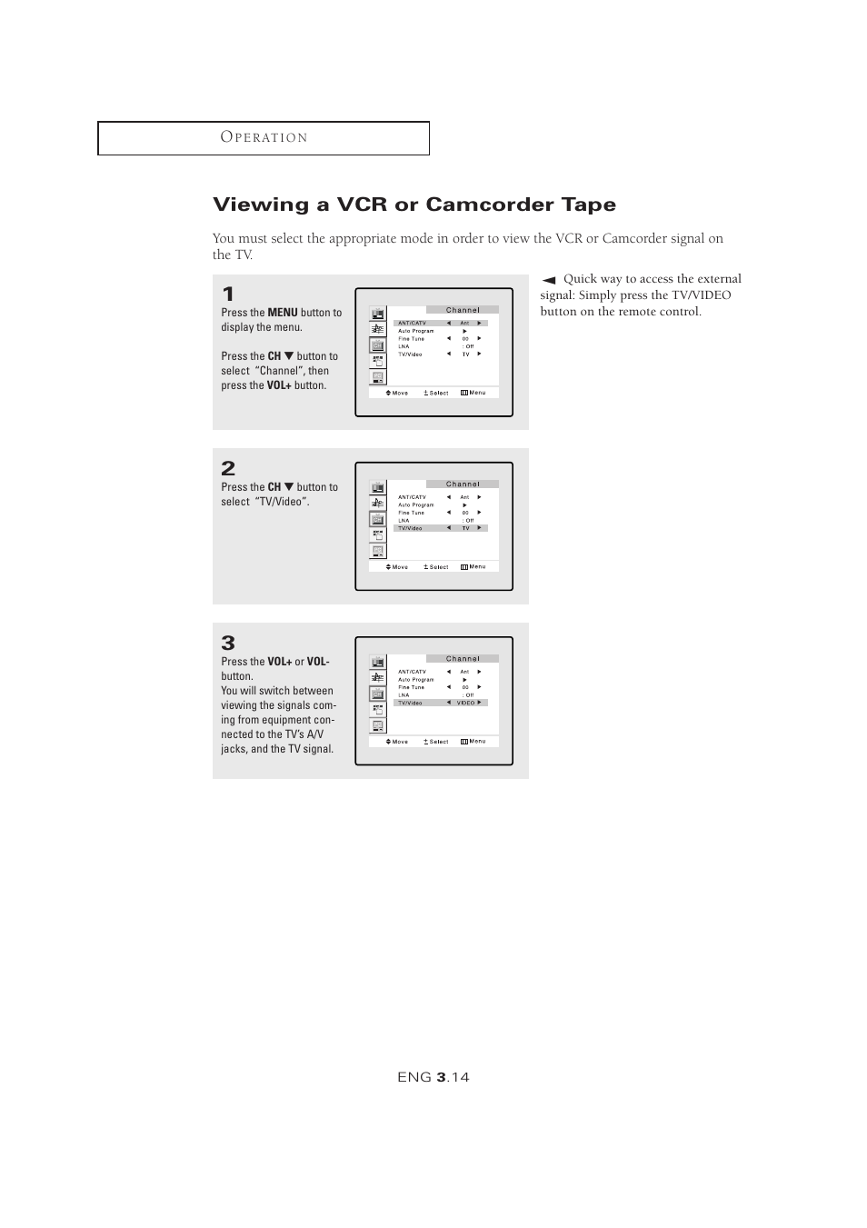 Viewing a vcr or camcorder tape | Samsung LTM1525X-XAA User Manual | Page 34 / 65