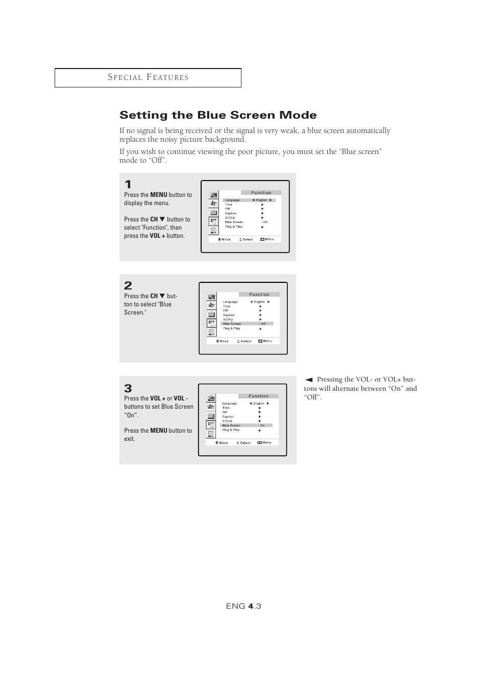 Setting the blue screen mode | Samsung LTM1525X-XAA User Manual | Page 37 / 65