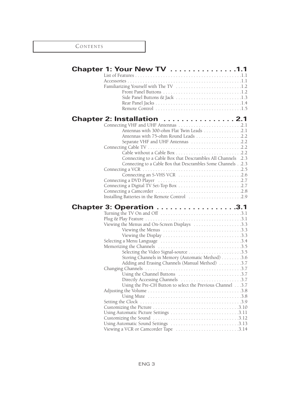 Chapter 1: your new tv, Chapter 2: installation, Chapter 3: operation | Samsung LTM1525X-XAA User Manual | Page 5 / 65