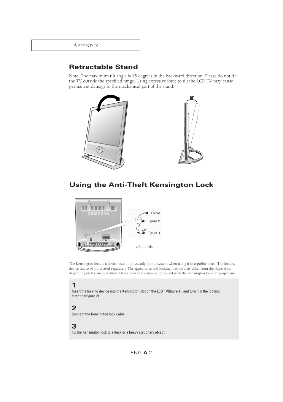 Retractable stand, Using the anti-theft kensington lock | Samsung LTM1525X-XAA User Manual | Page 63 / 65