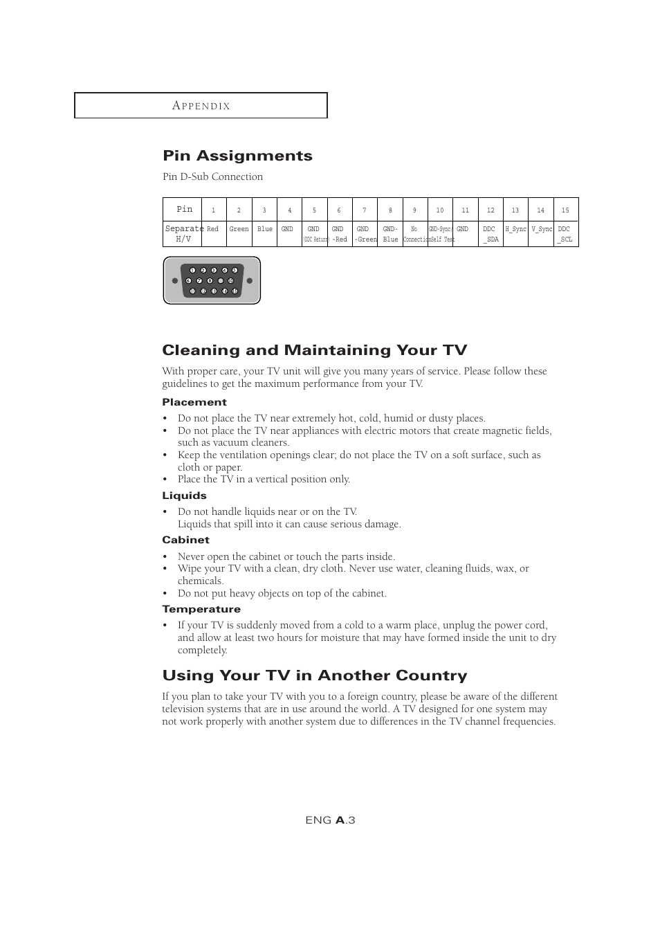 Pin assignments, Cleaning and maintaining your tv, Using your tv in another country | Samsung LTM1525X-XAA User Manual | Page 64 / 65
