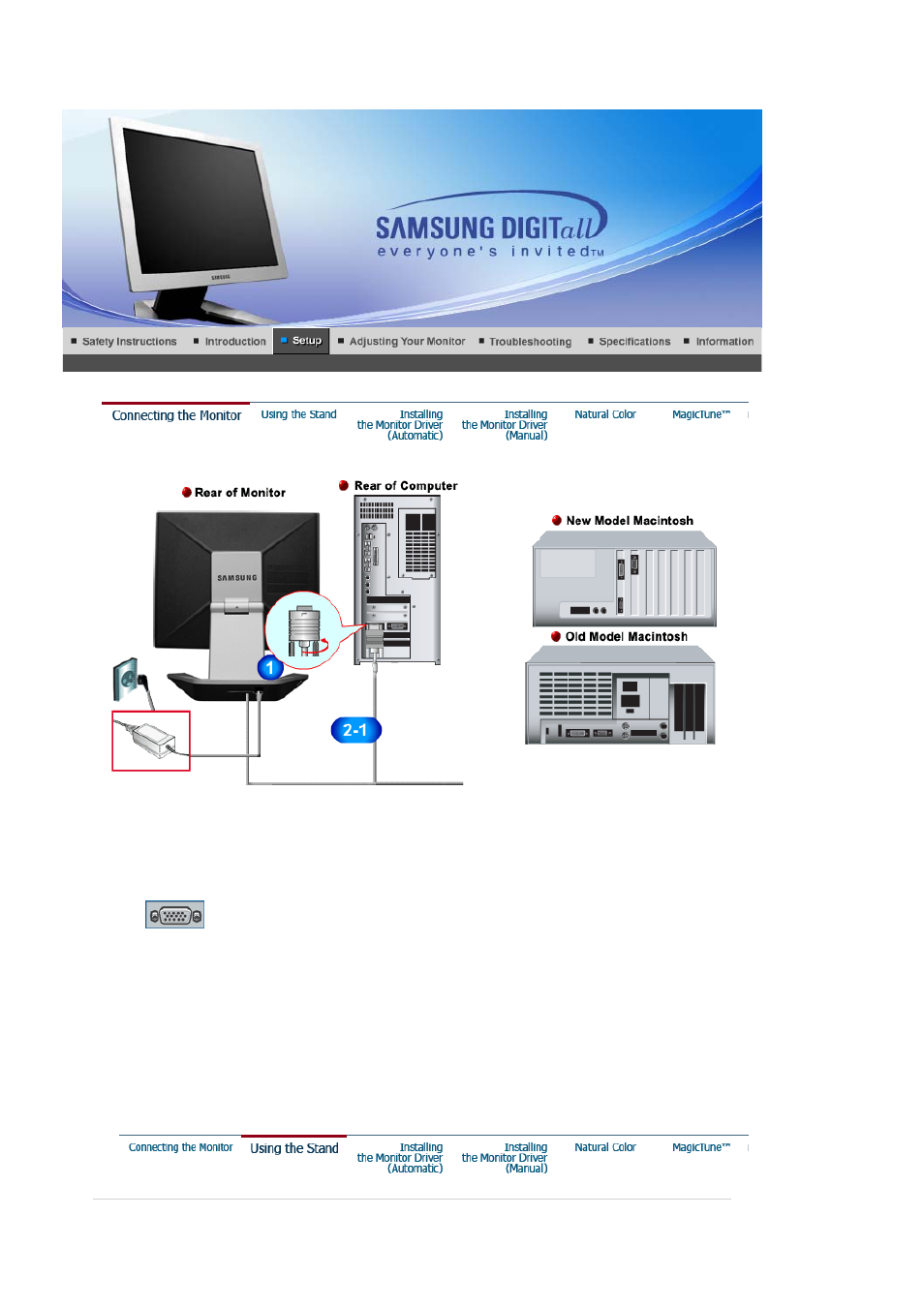 Setup, Connecting the monitor, Using the stand | Samsung RL19PSUSQ User Manual | Page 17 / 99
