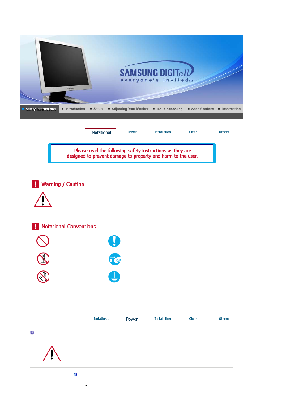 Safety instructions, Notational, Power | Samsung RL19PSUSQ User Manual | Page 2 / 99