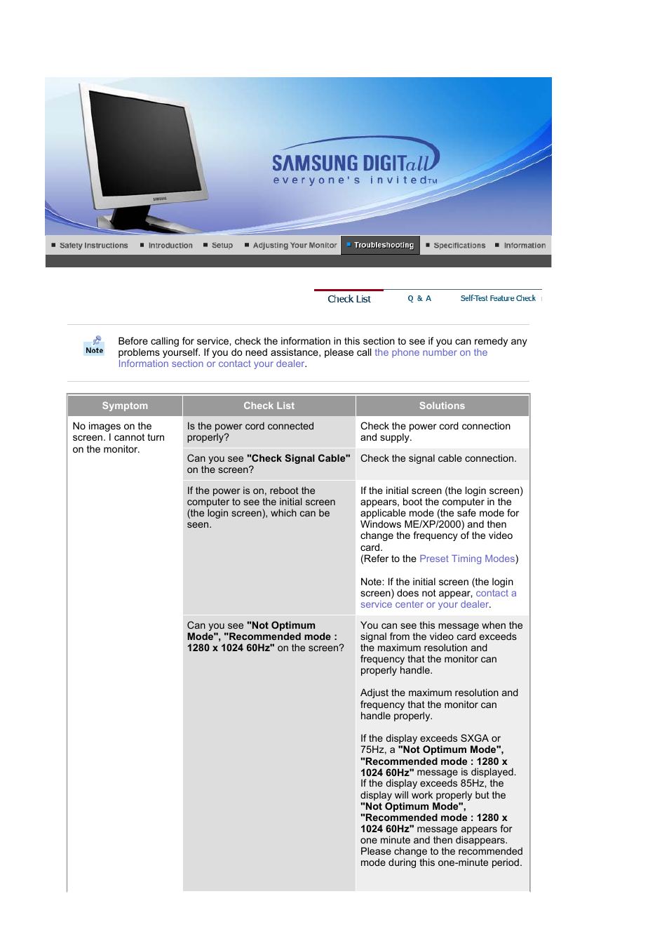 Troubleshooting, Check list | Samsung RL19PSUSQ User Manual | Page 68 / 99