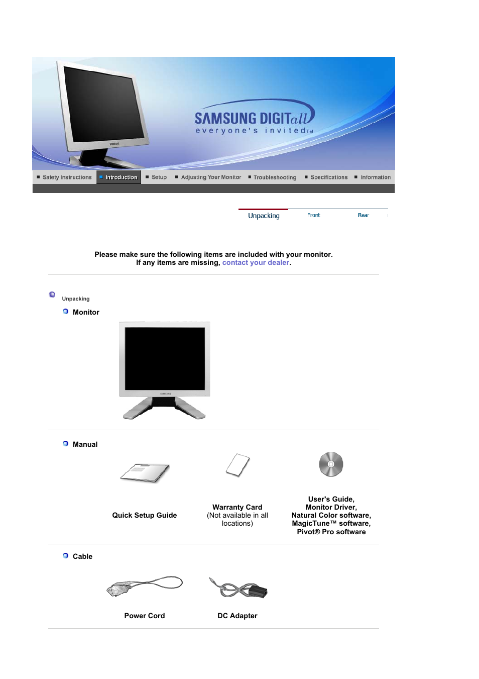 Introduction, Unpacking | Samsung RL19PSUSQ User Manual | Page 9 / 99