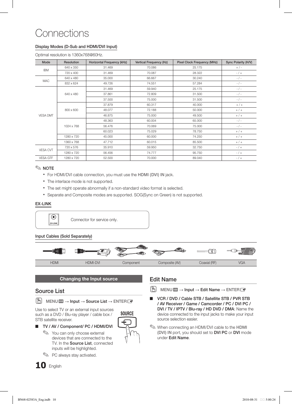 Connections, Source list, Edit name | Media.p, Sleep s.mode p.mode | Samsung LN22C450E1DXZA User Manual | Page 10 / 37