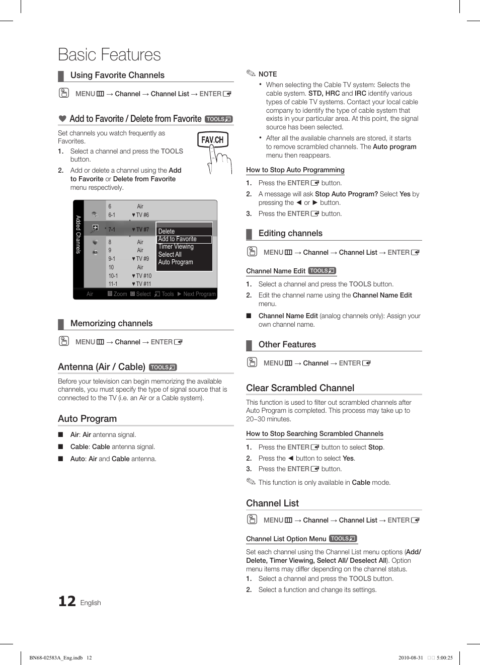Basic features, Add to favorite / delete from favorite, Antenna (air / cable) | Auto program, Clear scrambled channel, Channel list | Samsung LN22C450E1DXZA User Manual | Page 12 / 37