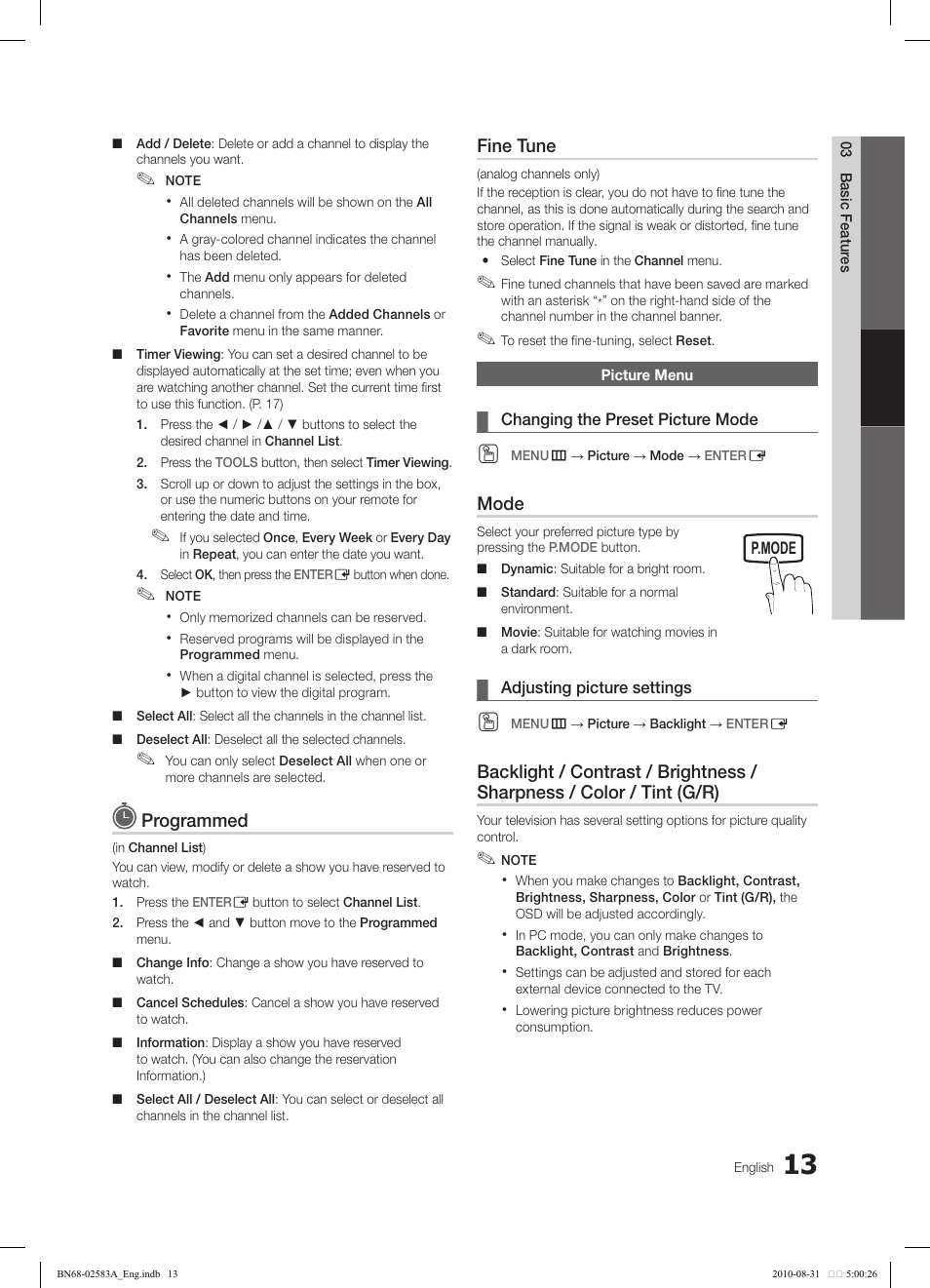 Programmed, Fine tune, Mode | Samsung LN22C450E1DXZA User Manual | Page 13 / 37