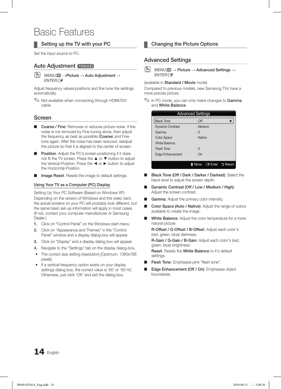 Basic features, Auto adjustment, Screen | Advanced settings | Samsung LN22C450E1DXZA User Manual | Page 14 / 37