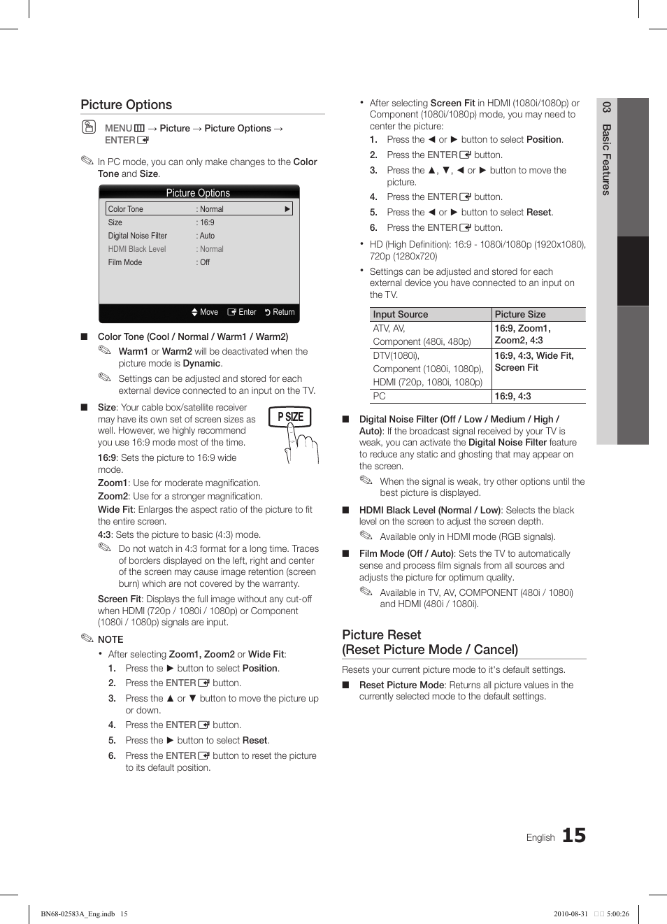 Picture options, Picture reset (reset picture mode / cancel) | Samsung LN22C450E1DXZA User Manual | Page 15 / 37